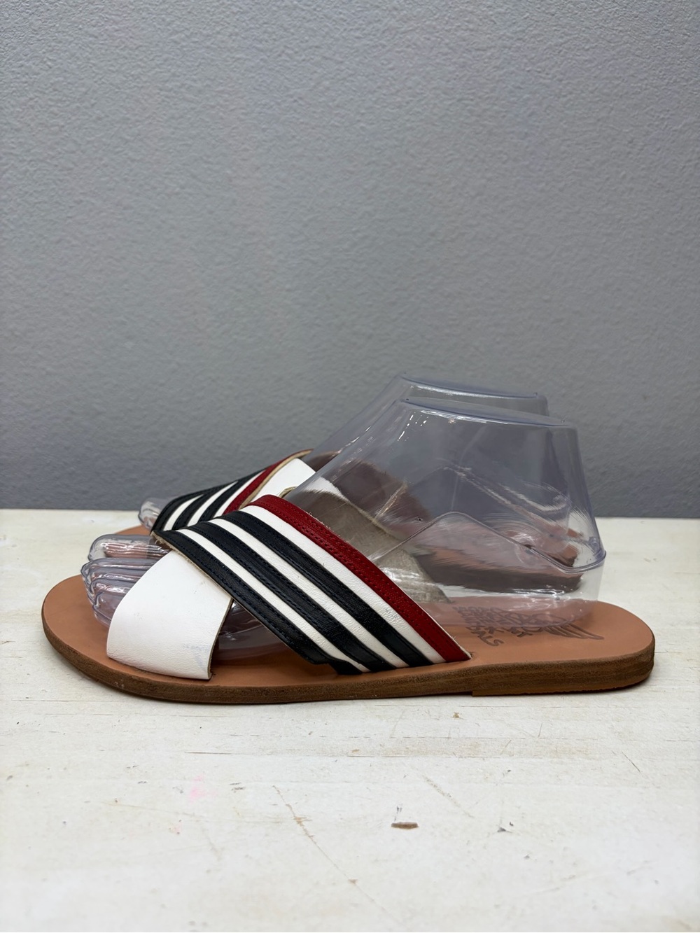 Ancient Greek Thais Red, White, And Blue Cross Cross Slide Sandals Size 39